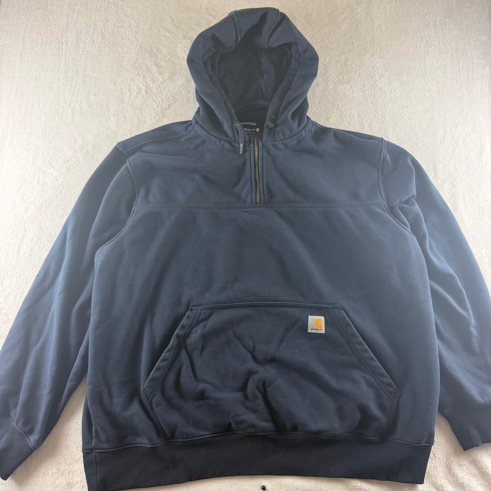 Carhartt Rain Defender Quarter Zip Hoodie Navy Mens 2XL Loose Fit Work Pullover